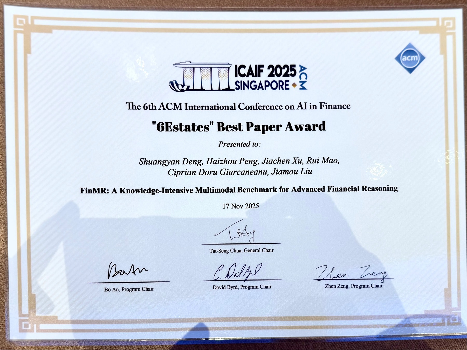 ICAIF 2025 Best Paper Award certificate for FinMR